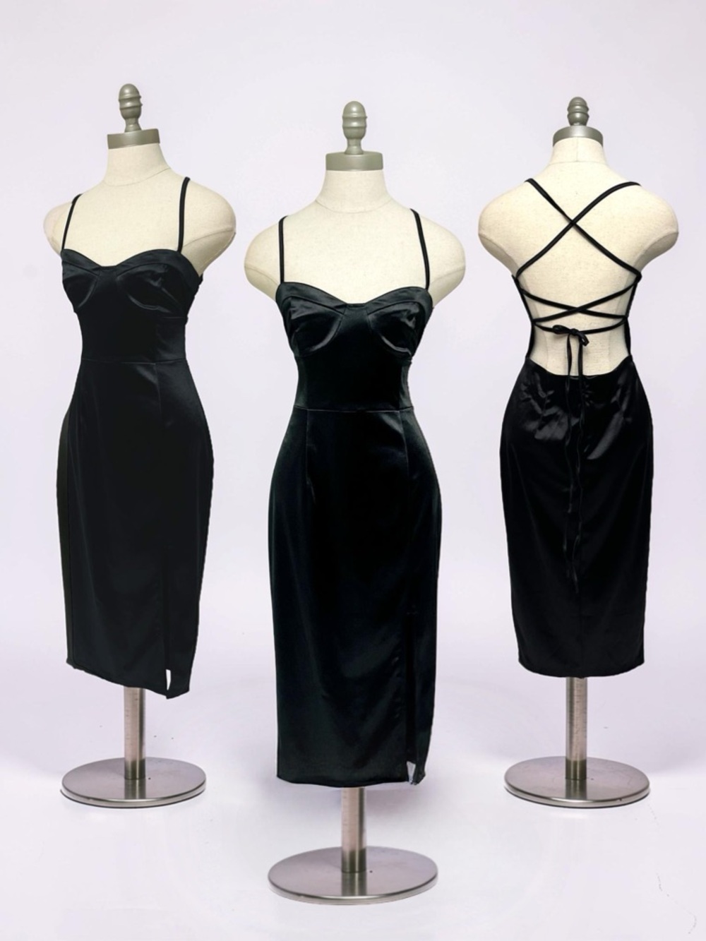 Boohoo Black Satin Strappy Back Midi Dress